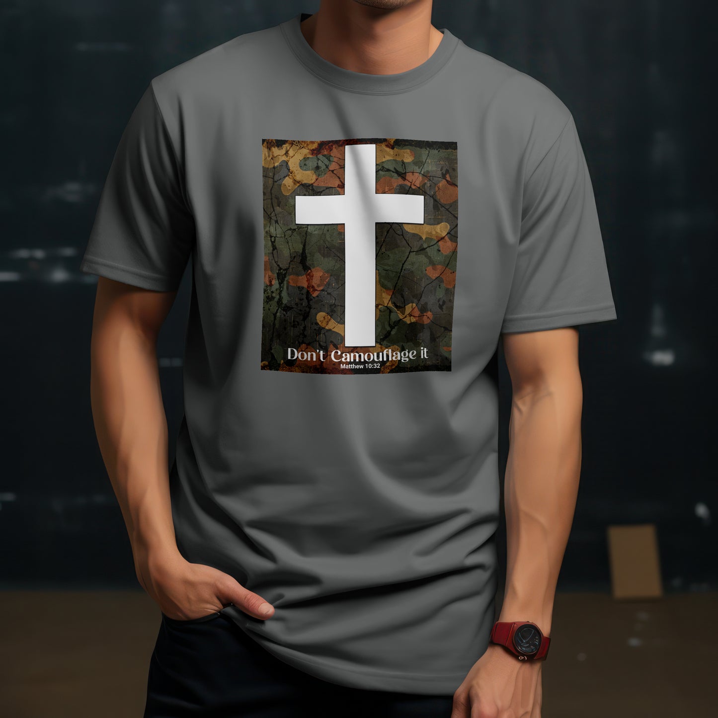 Don’t Camouflage It T-Shirt – “White Cross on Camo” Bold Christian Tee for Faith Warriors, Believers & Kingdom Soldiers