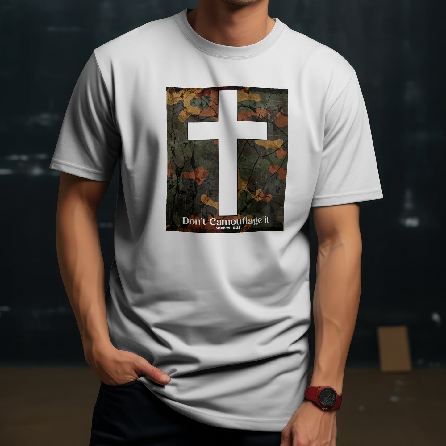 Don’t Camouflage It T-Shirt – “White Cross on Camo” Bold Christian Tee for Faith Warriors, Believers & Kingdom Soldiers
