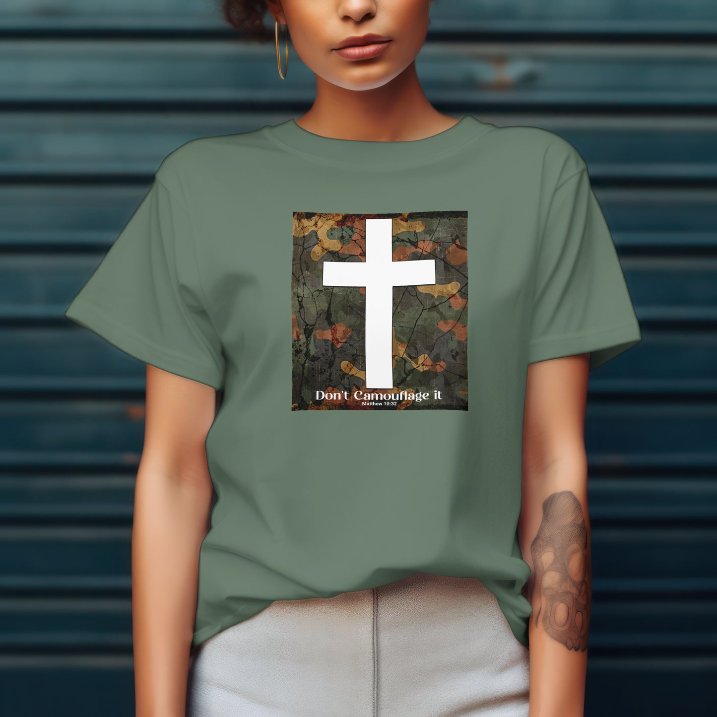 Don’t Camouflage It T-Shirt – “White Cross on Camo” Bold Christian Tee for Faith Warriors, Believers & Kingdom Soldiers