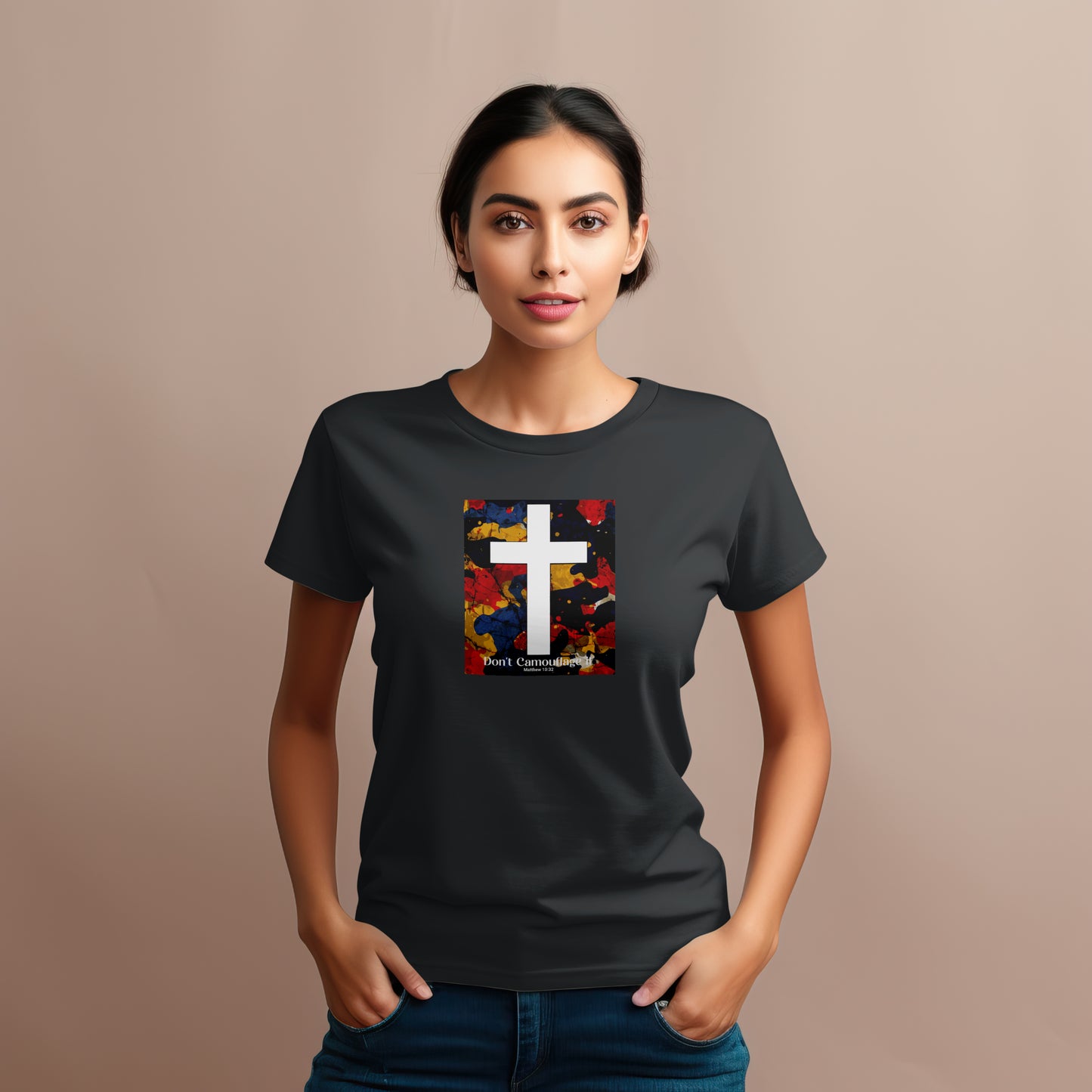 Don’t Camouflage It T-Shirt – “White Cross Over Camo” Bold Christian Tee for Faith Warriors & Believers in Battle