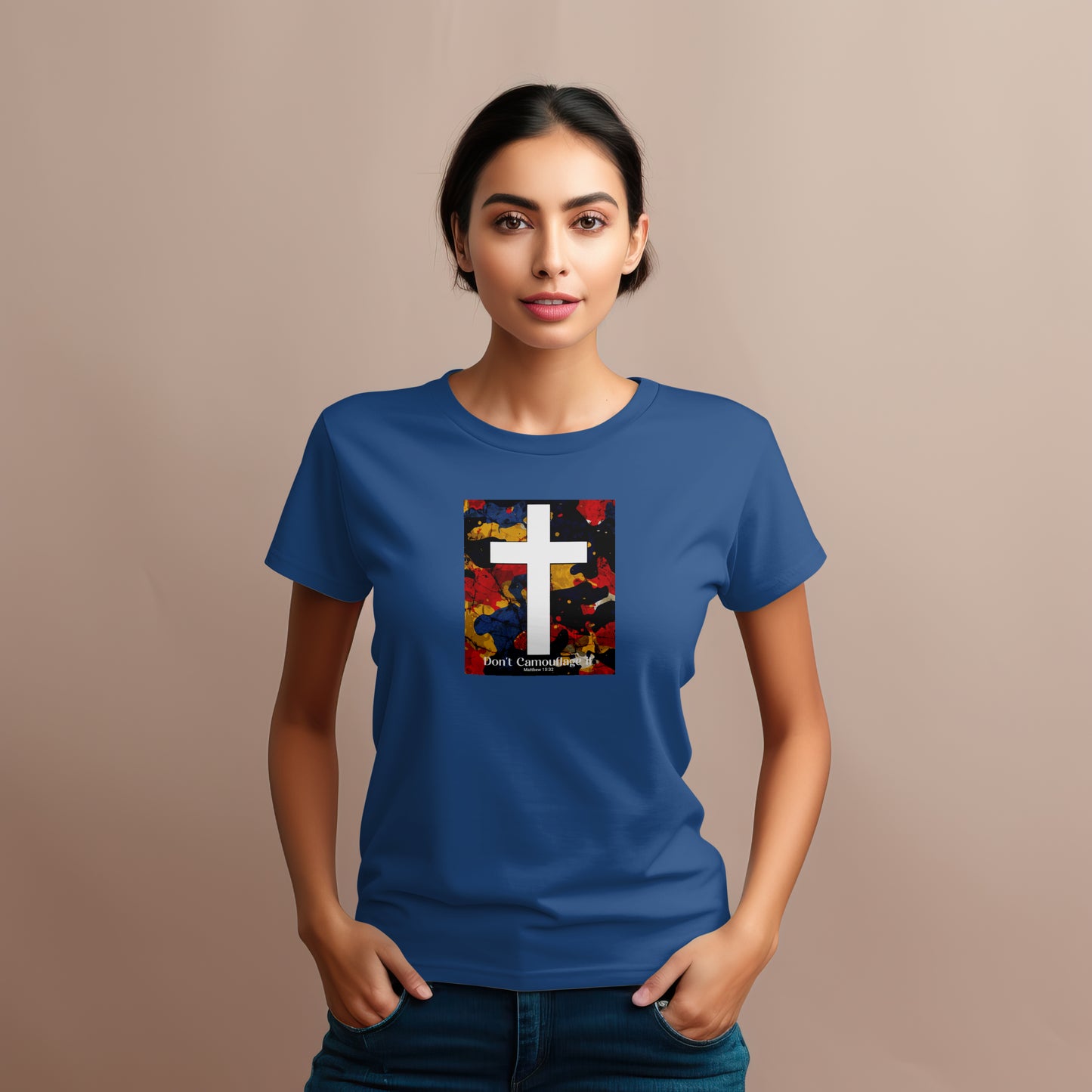 Don’t Camouflage It T-Shirt – “White Cross Over Camo” Bold Christian Tee for Faith Warriors & Believers in Battle