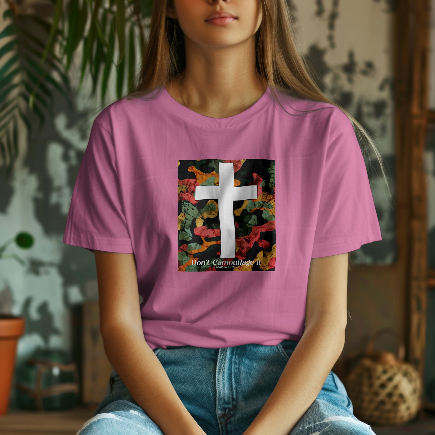 Don’t Camouflage It T-Shirt – “White Cross Over Camo” Bold Christian Tee for Faith Warriors & Believers in Battle