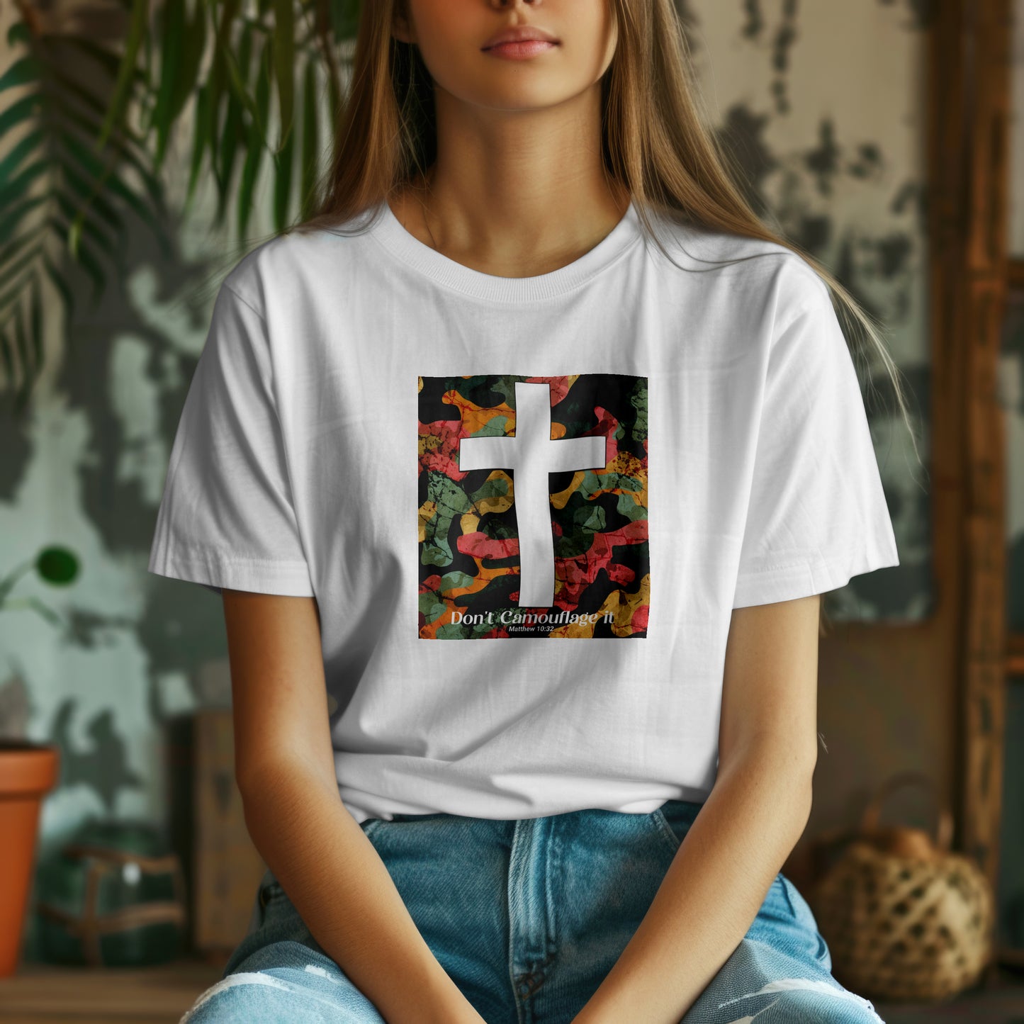 Don’t Camouflage It T-Shirt – “White Cross Over Camo” Bold Christian Tee for Faith Warriors & Believers in Battle