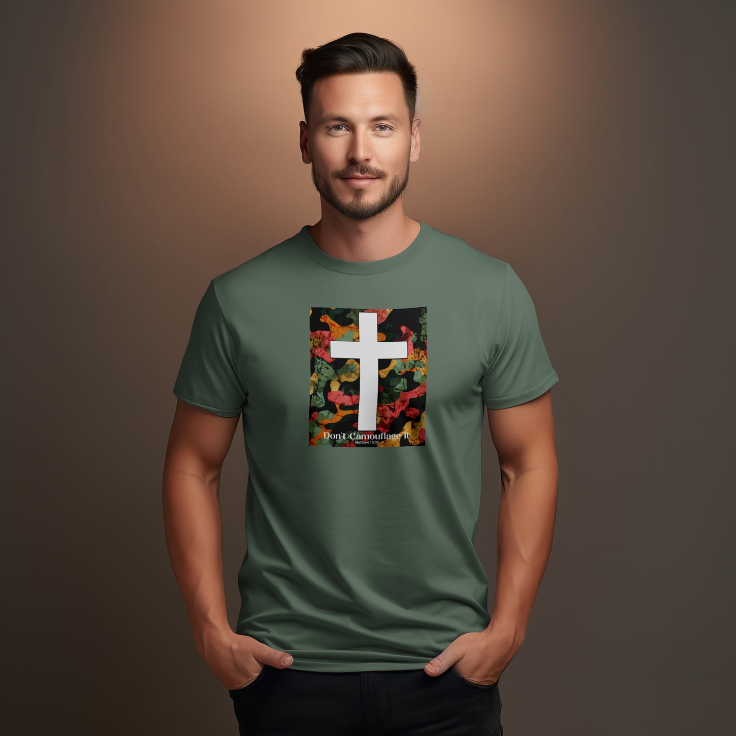 Don’t Camouflage It T-Shirt – “White Cross Over Camo” Bold Christian Tee for Faith Warriors & Believers in Battle