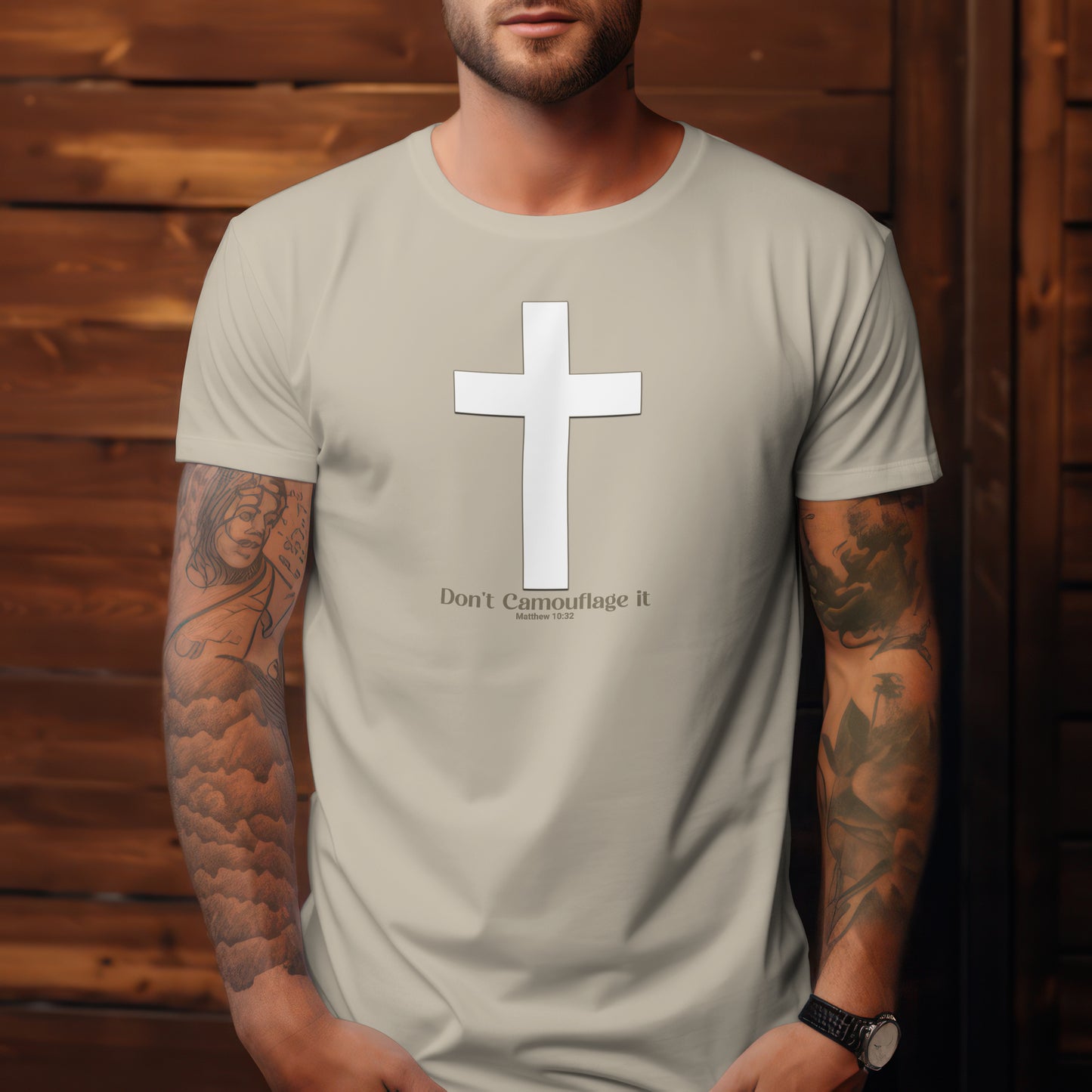 Don’t Camouflage It T-Shirt – “White Cross on Camo” Bold Christian Tee for Faith Warriors, Believers & Soldiers of Christ