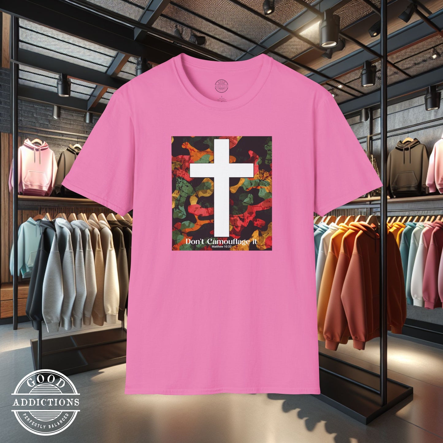Don’t Camouflage It T-Shirt – “White Cross Over Camo” Bold Christian Tee for Faith Warriors & Believers in Battle