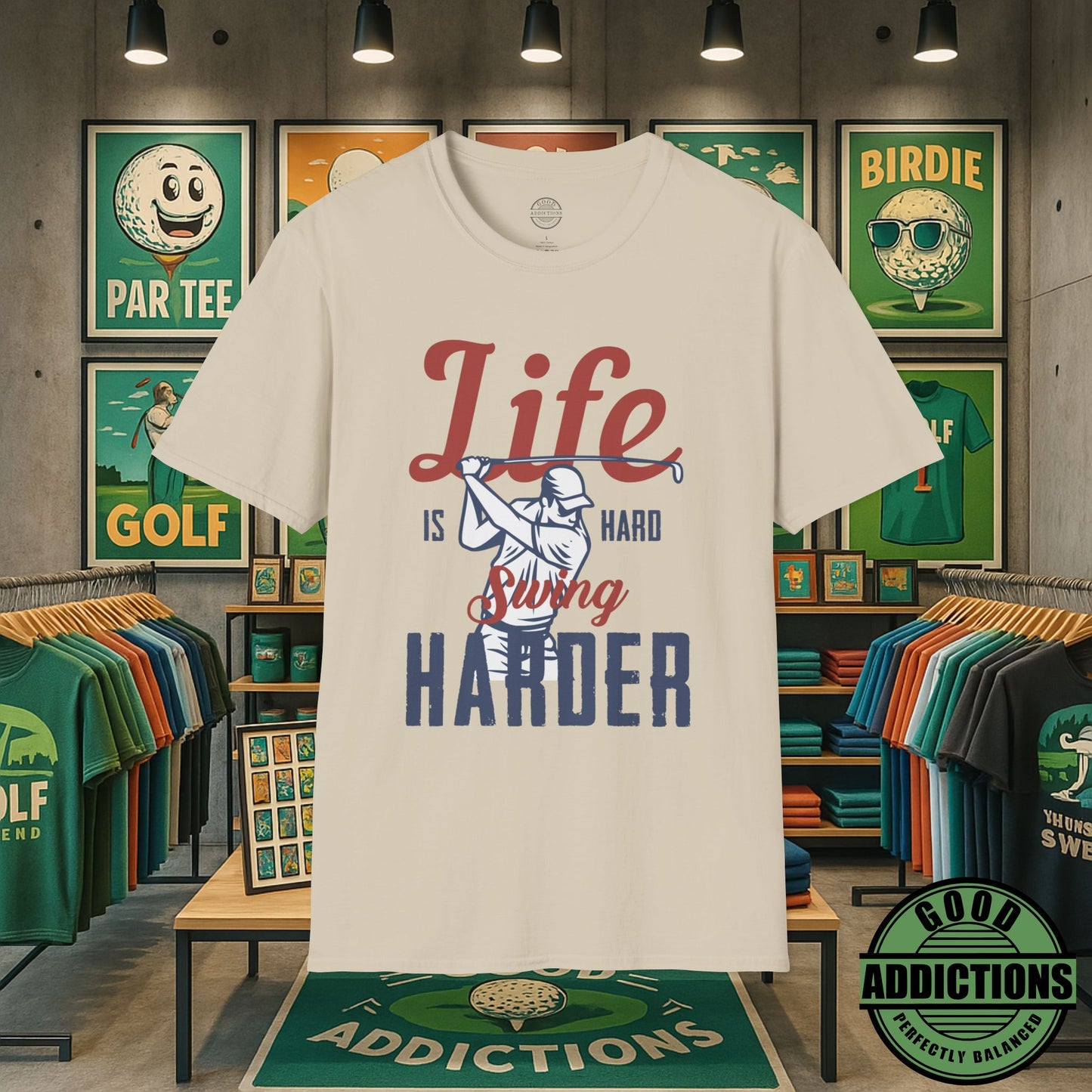 Life Is Hard Swing Harder T-Shirt – “Fairway Grit” Motivational Golf Tee for Players, Hustlers & Weekend Warriors