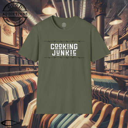 Cooking Junkie T-Shirt – “Barbed Wire Edition” Good Addictions Tee for Chefs, Foodies & Culinary Rebels