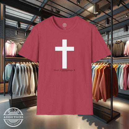 Don’t Camouflage It T-Shirt – “White Cross on Camo” Bold Christian Tee for Faith Warriors, Believers & Soldiers of Christ