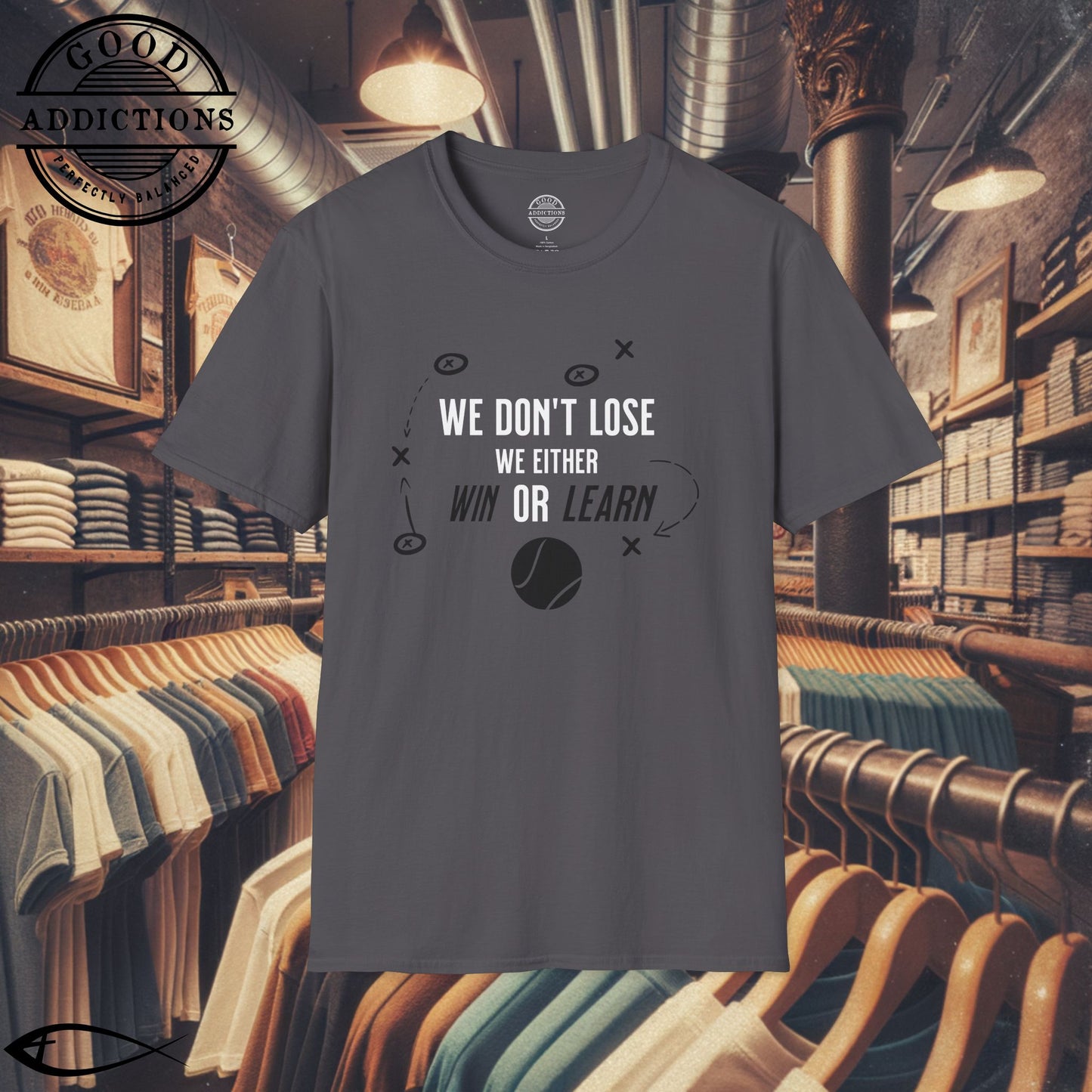 We Don’t Lose, We Either Win or Learn T-Shirt – Motivational Tennis Tee for Players & Coaches