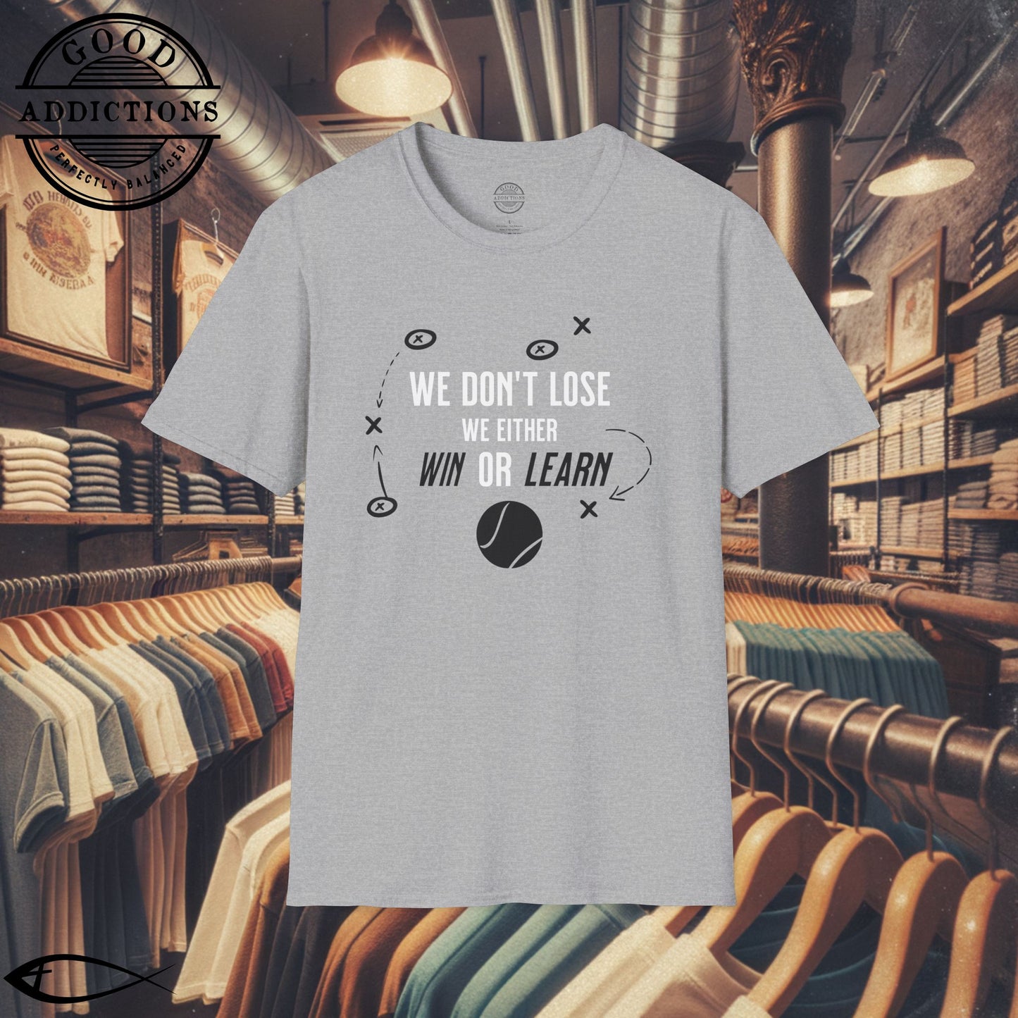 We Don’t Lose, We Either Win or Learn T-Shirt – Motivational Tennis Tee for Players & Coaches