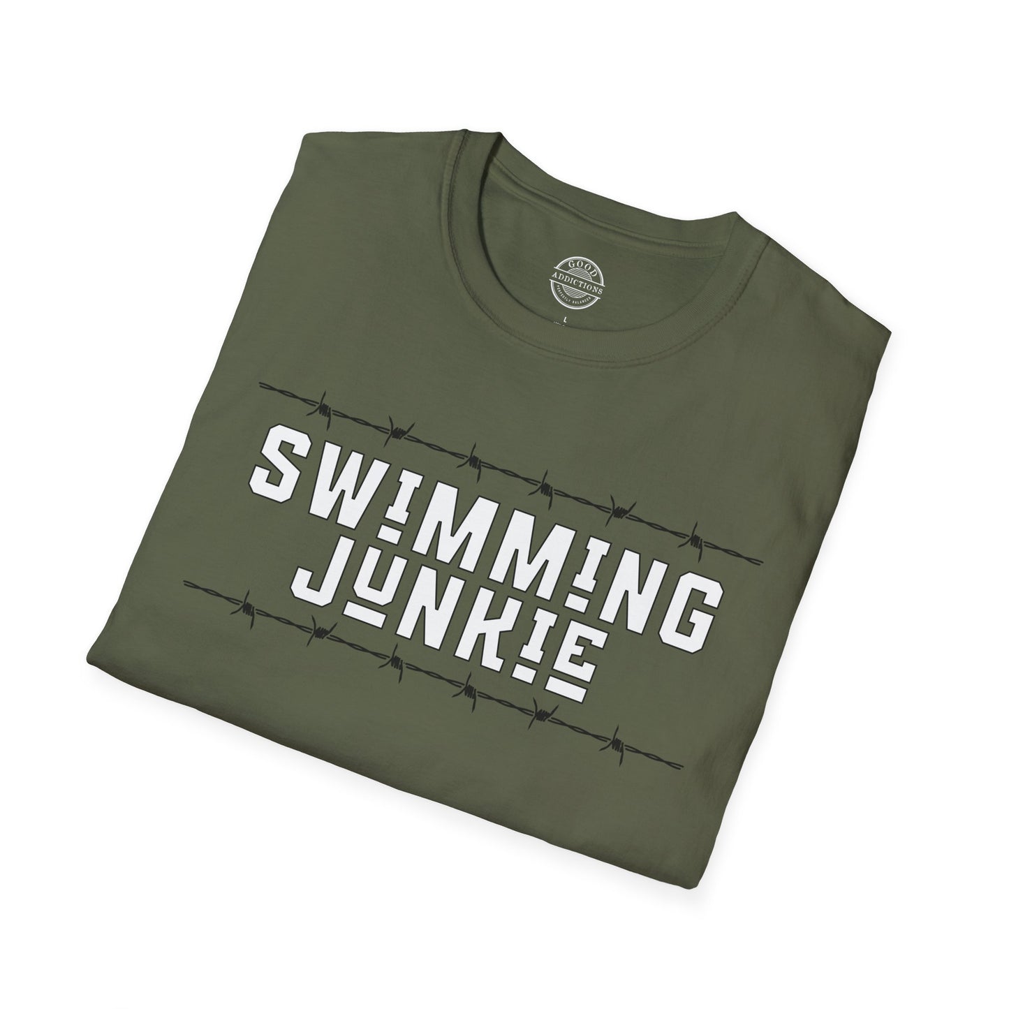 Swimming Junkie T-Shirt – “Barbed Wire Edition” Good Addictions Tee for Swimmers, Coaches & Poolside Warriors