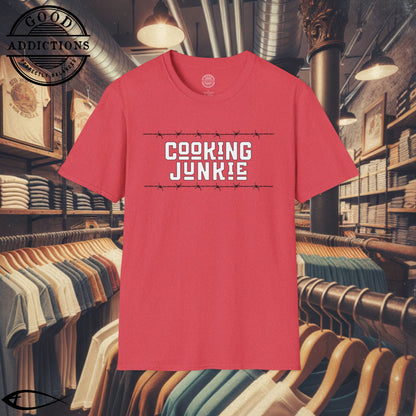 Cooking Junkie T-Shirt – “Barbed Wire Edition” Good Addictions Tee for Chefs, Foodies & Culinary Rebels