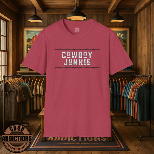 Cowboy Junkie T-Shirt – “Barbed Wire Edition” Good Addictions Tee for Western Riders, Rodeo Fans & Wild-Hearted Outlaws