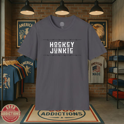Hockey Junkie T-Shirt – “Barbed Wire Edition” Good Addictions Tee for Ice Warriors, Enforcers & Hockey Addicts