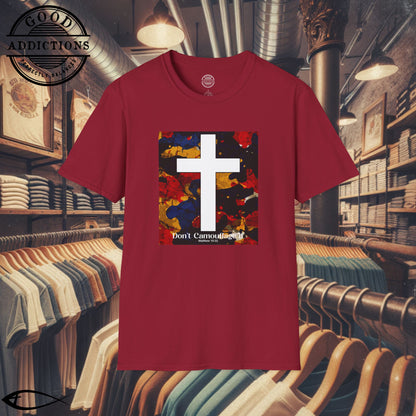 Don’t Camouflage It T-Shirt – “White Cross Over Camo” Bold Christian Tee for Faith Warriors & Believers in Battle