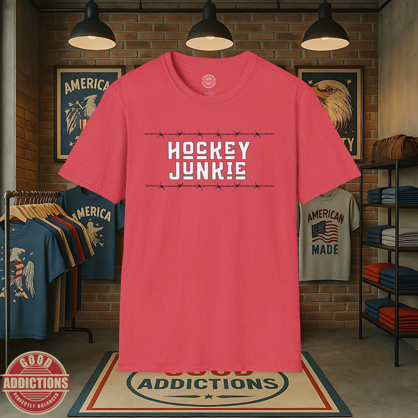 Hockey Junkie T-Shirt – “Barbed Wire Edition” Good Addictions Tee for Ice Warriors, Enforcers & Hockey Addicts