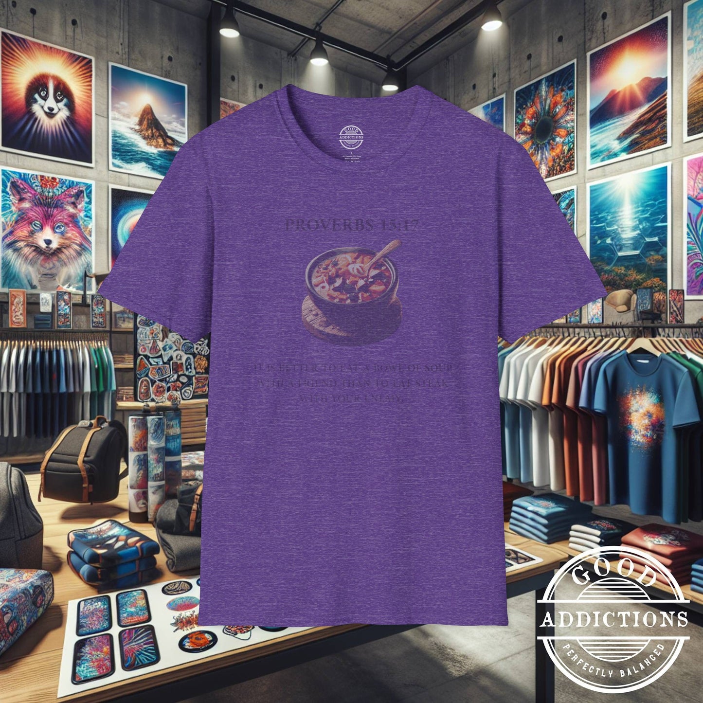 Proverbs 15:17 T-Shirt – Christian Graphic Tee with Bowl of Soup – Humble Faith & Love Over Luxury