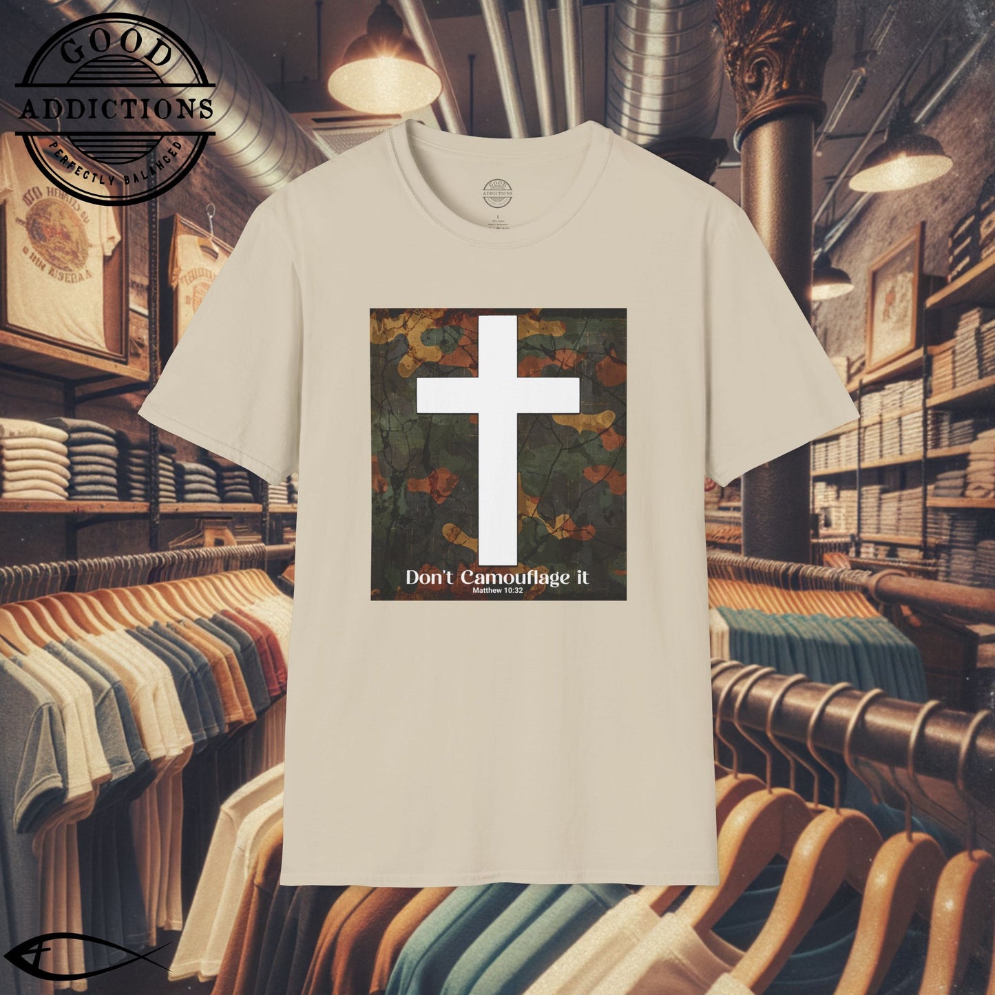 Don’t Camouflage It T-Shirt – “White Cross on Camo” Bold Christian Tee for Faith Warriors, Believers & Kingdom Soldiers