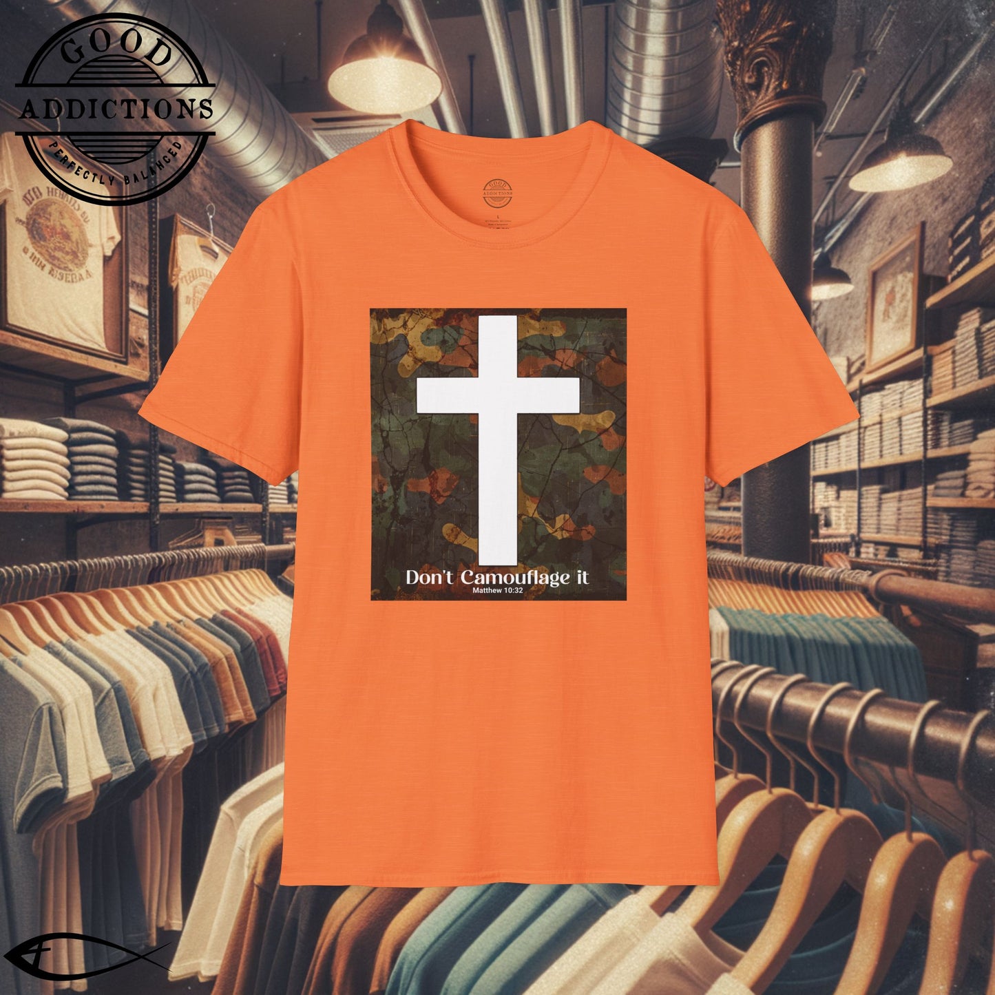 Don’t Camouflage It T-Shirt – “White Cross on Camo” Bold Christian Tee for Faith Warriors, Believers & Kingdom Soldiers