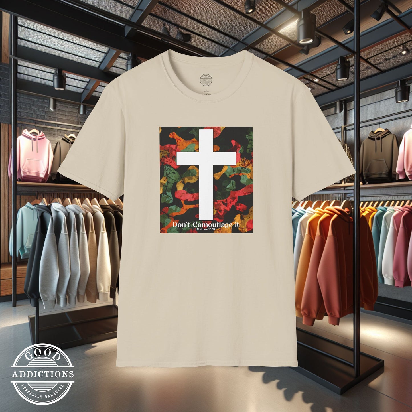 Don’t Camouflage It T-Shirt – “White Cross Over Camo” Bold Christian Tee for Faith Warriors & Believers in Battle