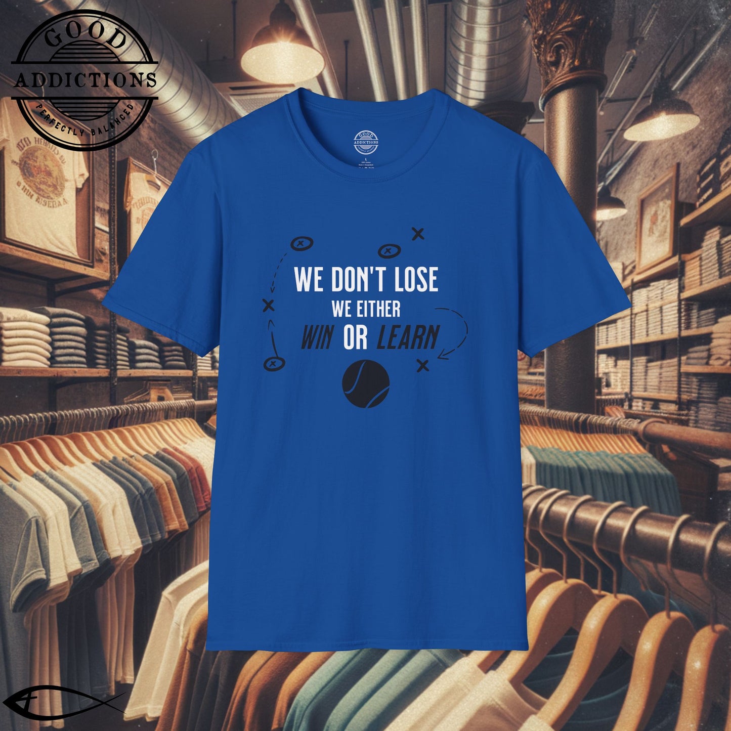 We Don’t Lose, We Either Win or Learn T-Shirt – Motivational Tennis Tee for Players & Coaches