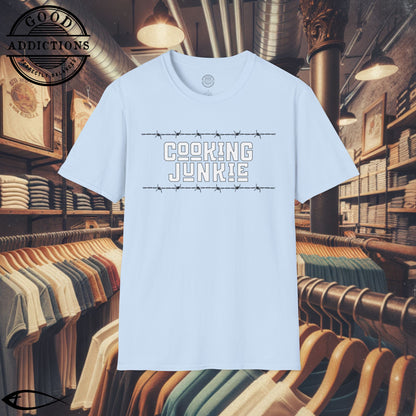 Cooking Junkie T-Shirt – “Barbed Wire Edition” Good Addictions Tee for Chefs, Foodies & Culinary Rebels