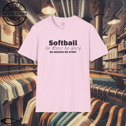 No Stains No Glory T-Shirt – “No Bruises No Story” Softball Tee for Players, Hustlers & Diamond Queens