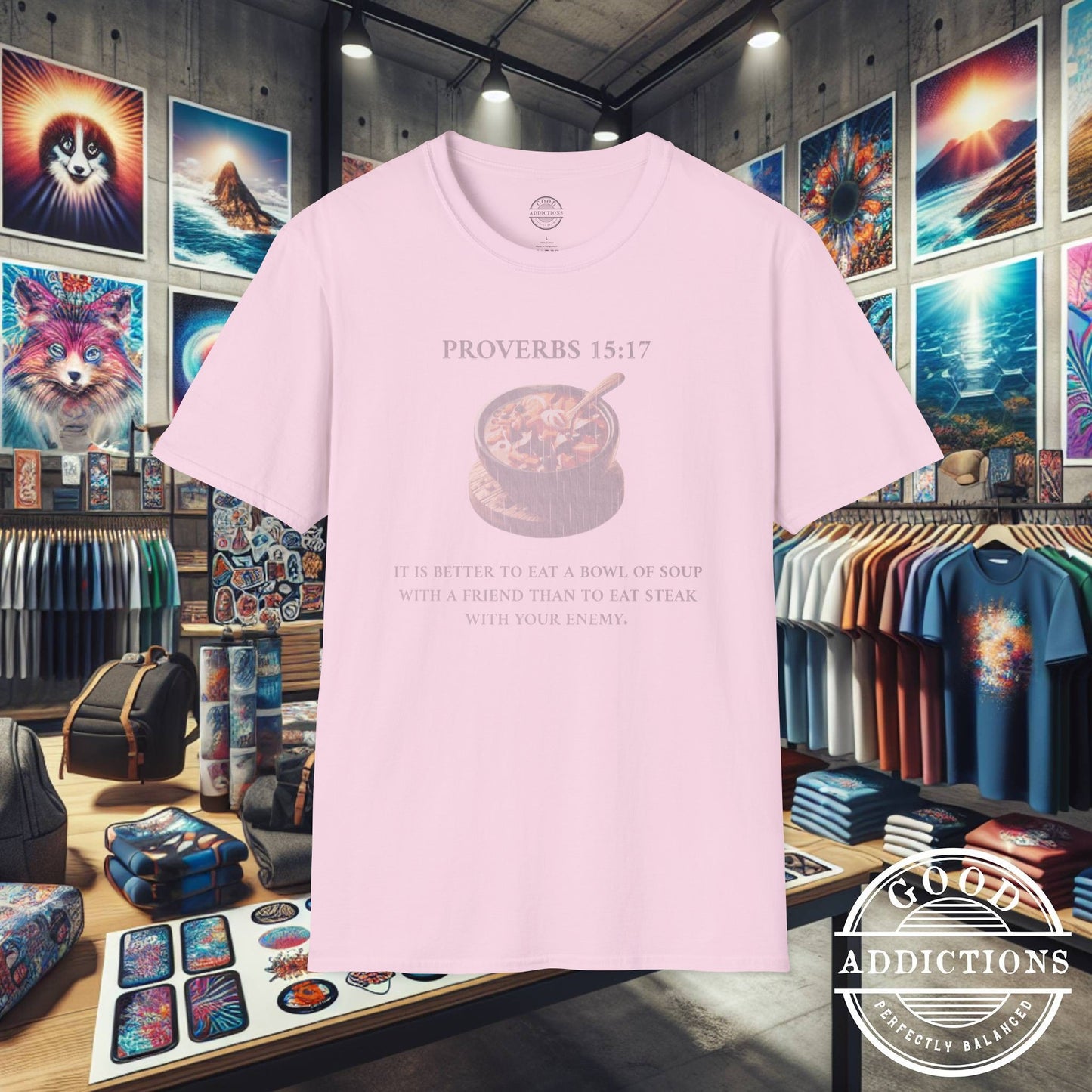 Proverbs 15:17 T-Shirt – Christian Graphic Tee with Bowl of Soup – Humble Faith & Love Over Luxury